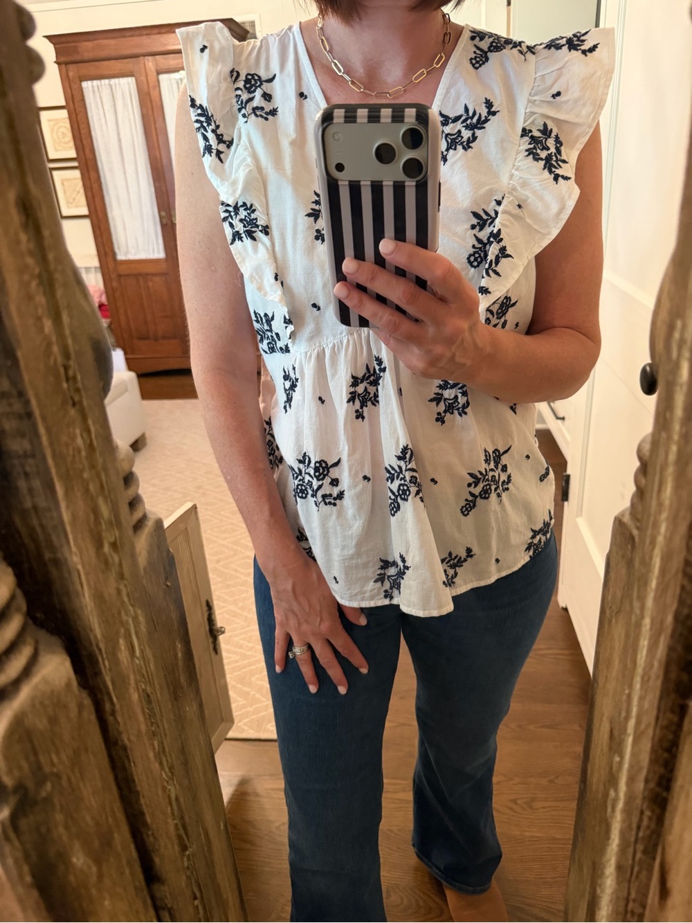 LOFT White Blouse with Navy Floral Embroidery and Ruffle Cap Sleeves